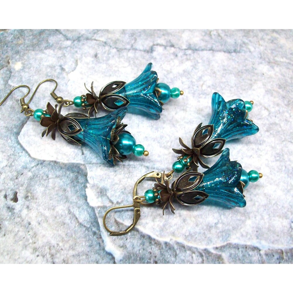 Teal Floral Earrings Dangle, Vintage Style, Bronze, Flower Jewelry,